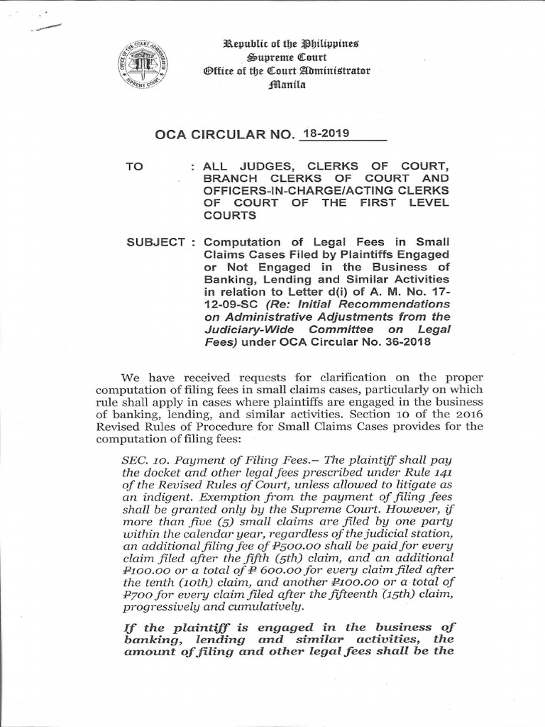 OCA Circular No. 18 2019 (Filing Fees) | PDF