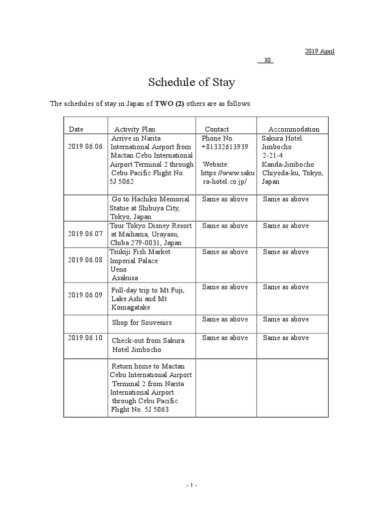 Japan Visa Schedule of Stay Example | PDF