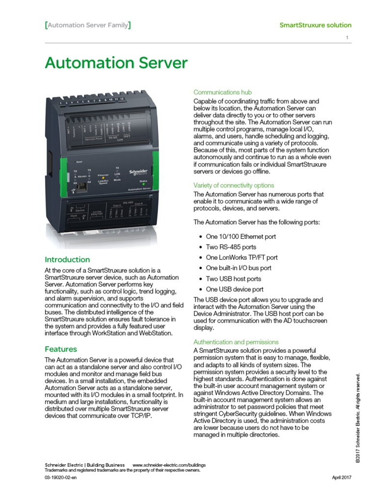 Automation Server Specification Sheet - SmartStruxure Solution | PDF ...