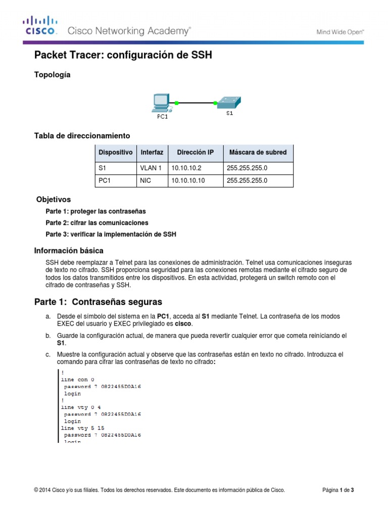 Configuración de SSH en Packet Tracer | PDF | Cubierta segura | Contraseña