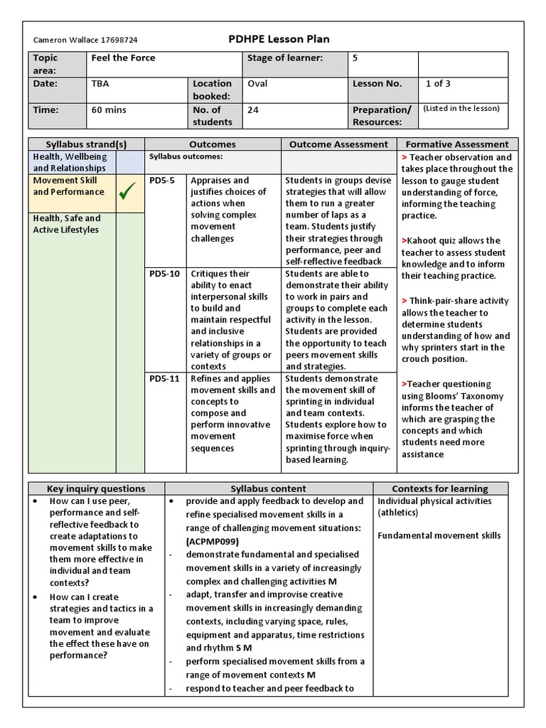 Pdhpe Lesson Plan 1c Final | PDF | Pedagogy | Teachers