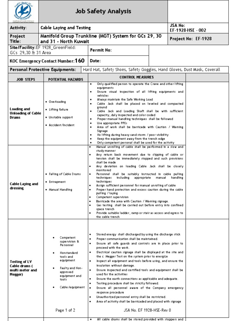 Cable Laying Job Safety Analysis | PDF | Safety | Nature