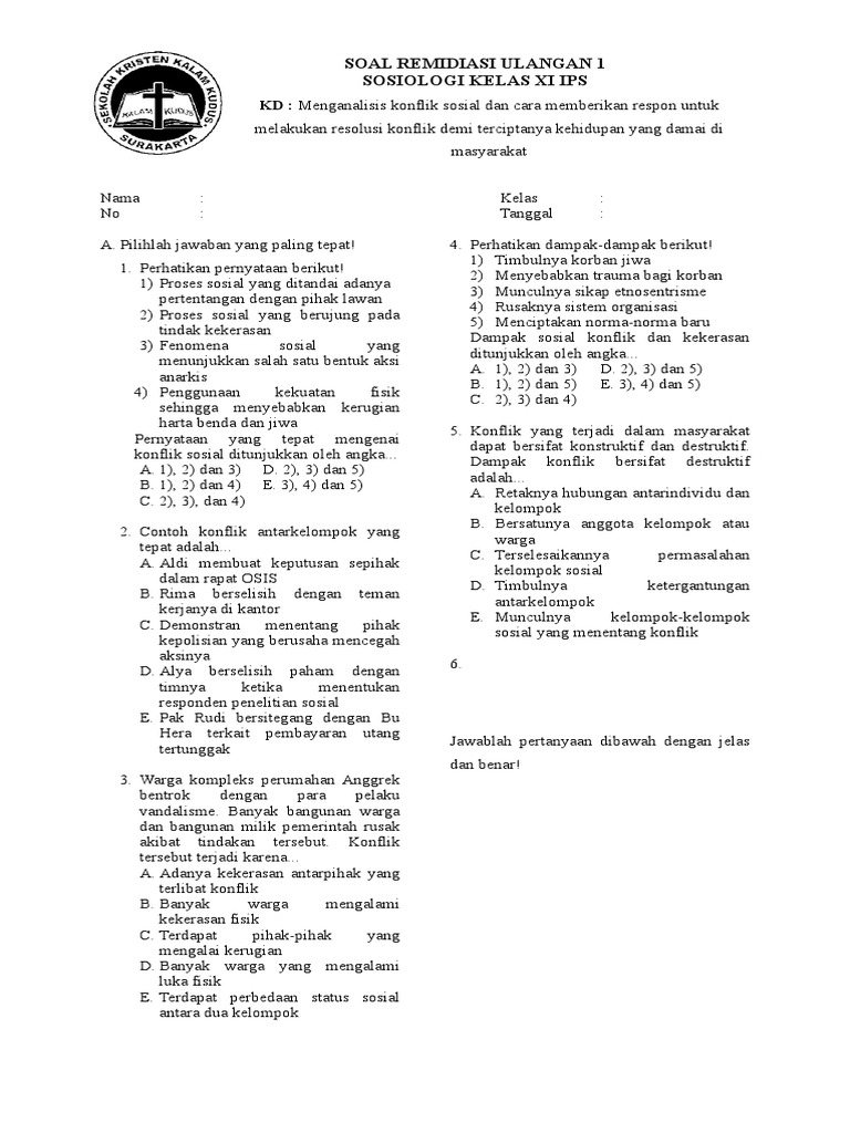 Contoh Soal Sosiologi Tentang Konflik Dan Kekerasan