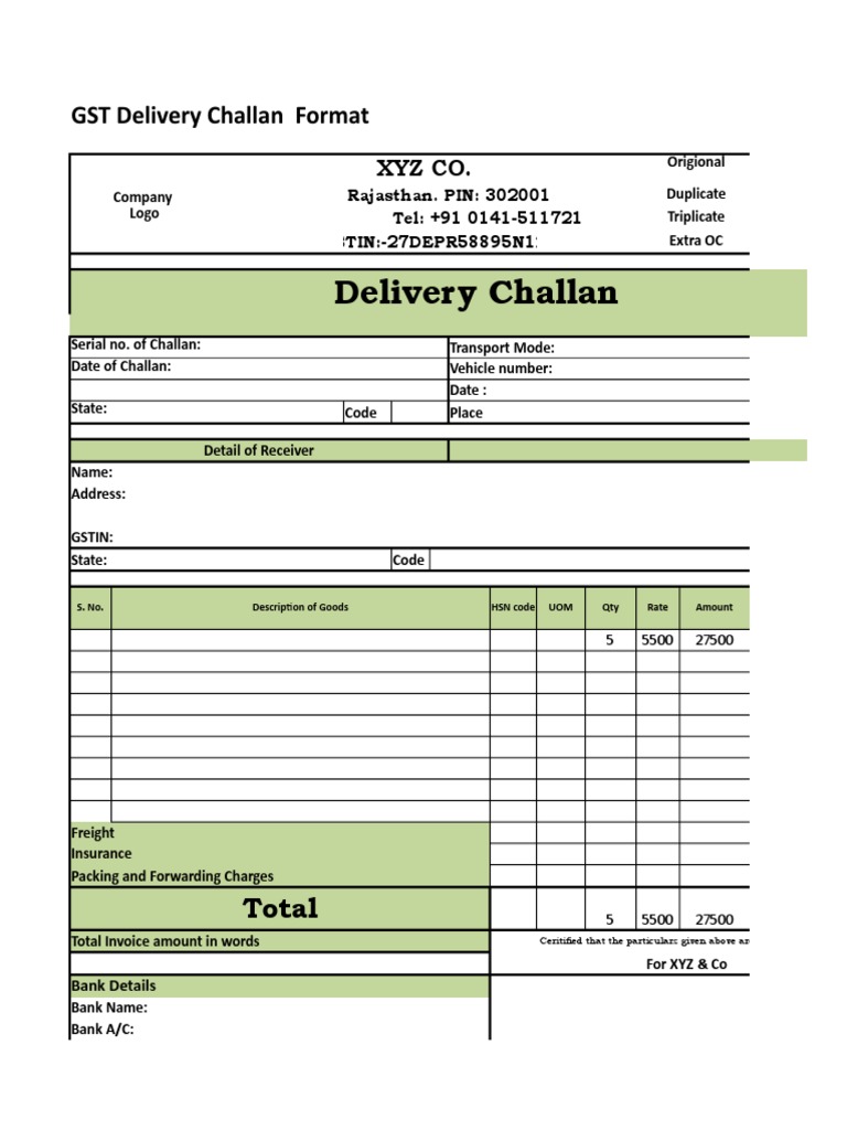 GST Delivery Challan Format in Excel Logistics Trade