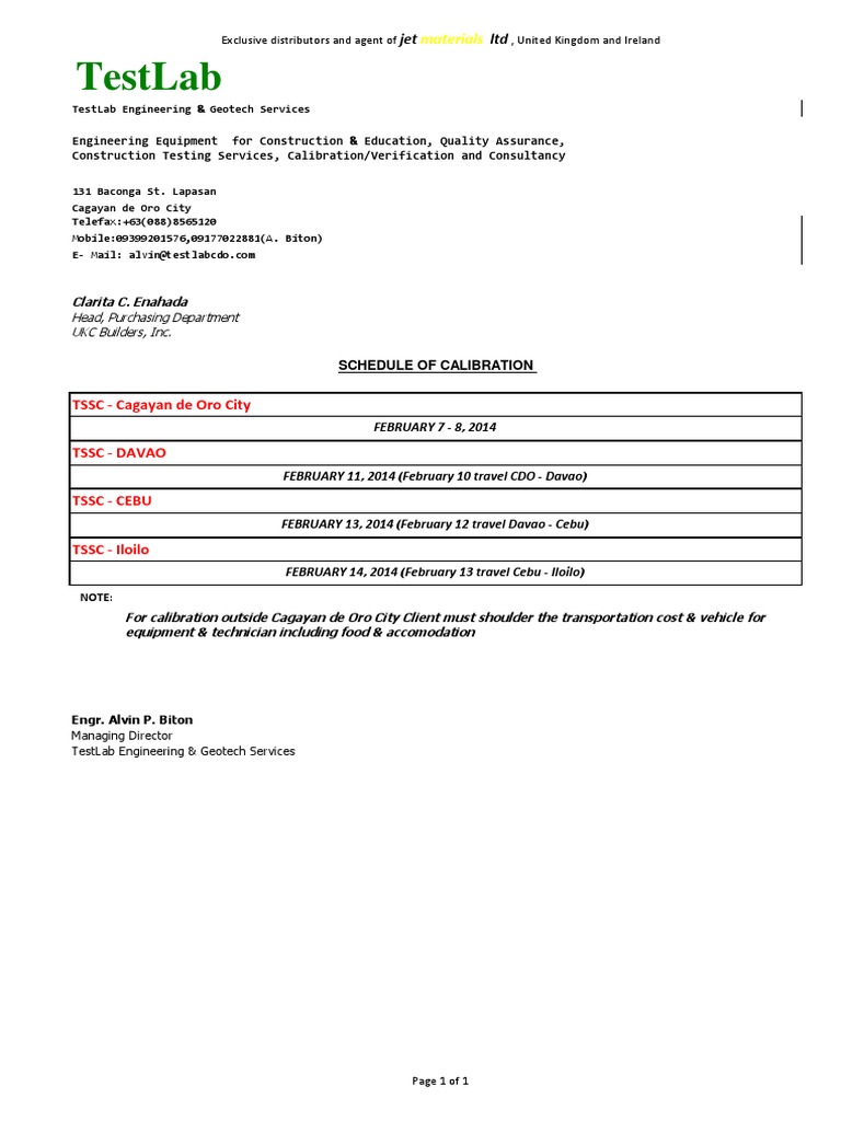 Calibration Schedule PDF
