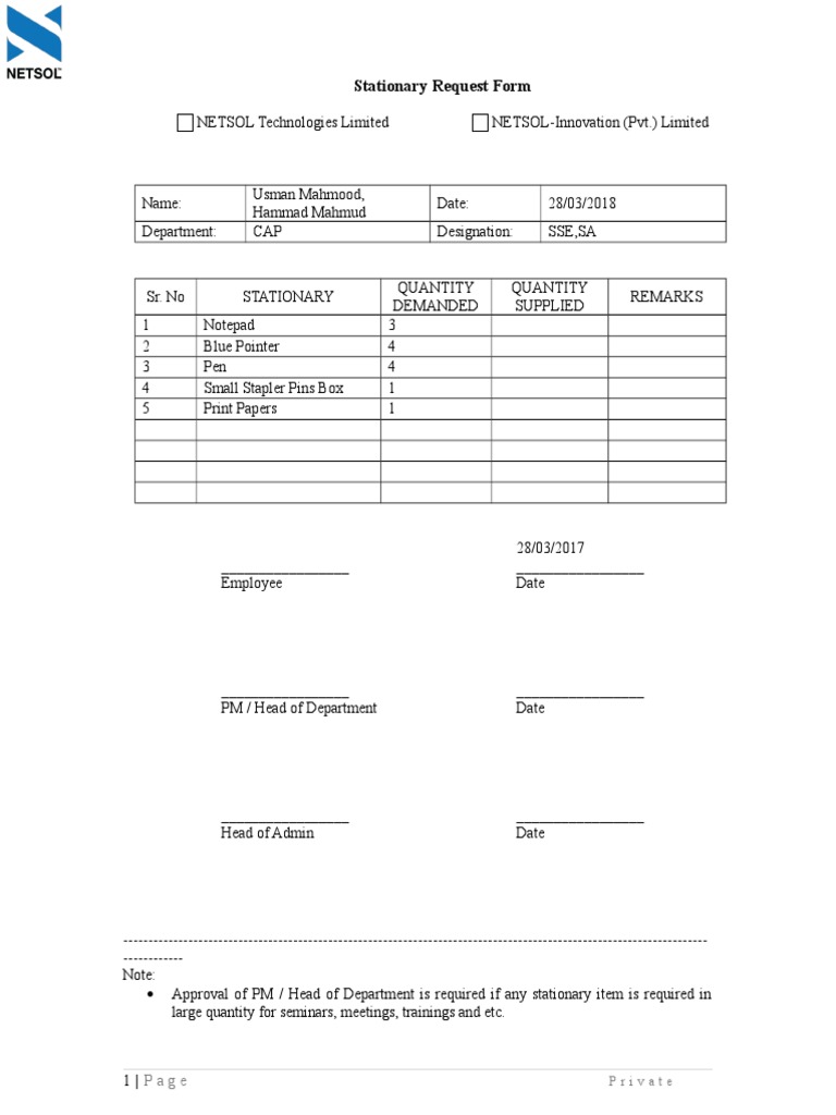 Stationary Request Form PDF