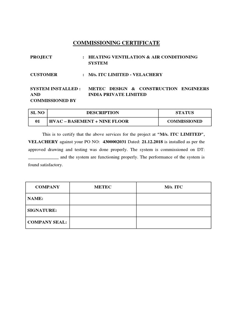Commissioning Certificate PDF