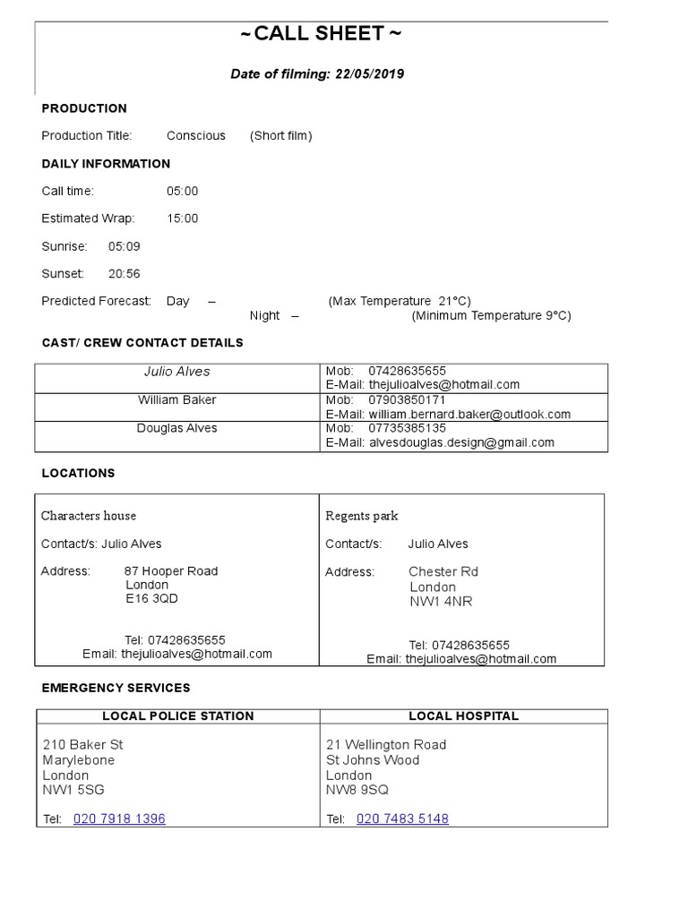 Call Sheet | PDF