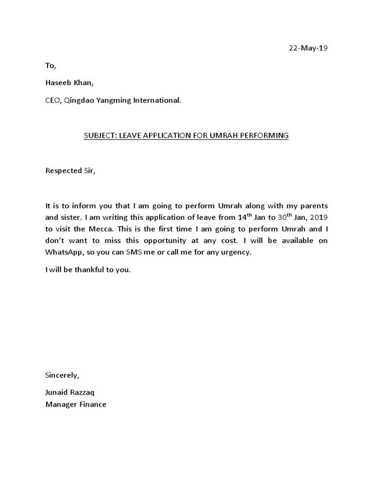 application letter for leave to perform umrah