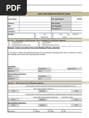 NCR Non Conformance Report Electrical Format Template