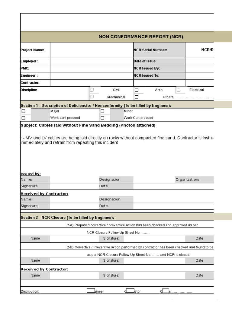 NCR Non Conformance Report Electrical Format Template  PDF Within Ncr Report Template