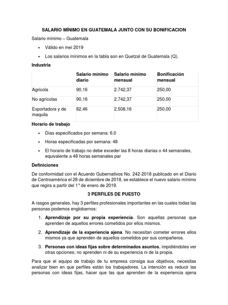 Salario Mínimo en Guatemala Junto Con Su Bonificacion | PDF | Salario ...