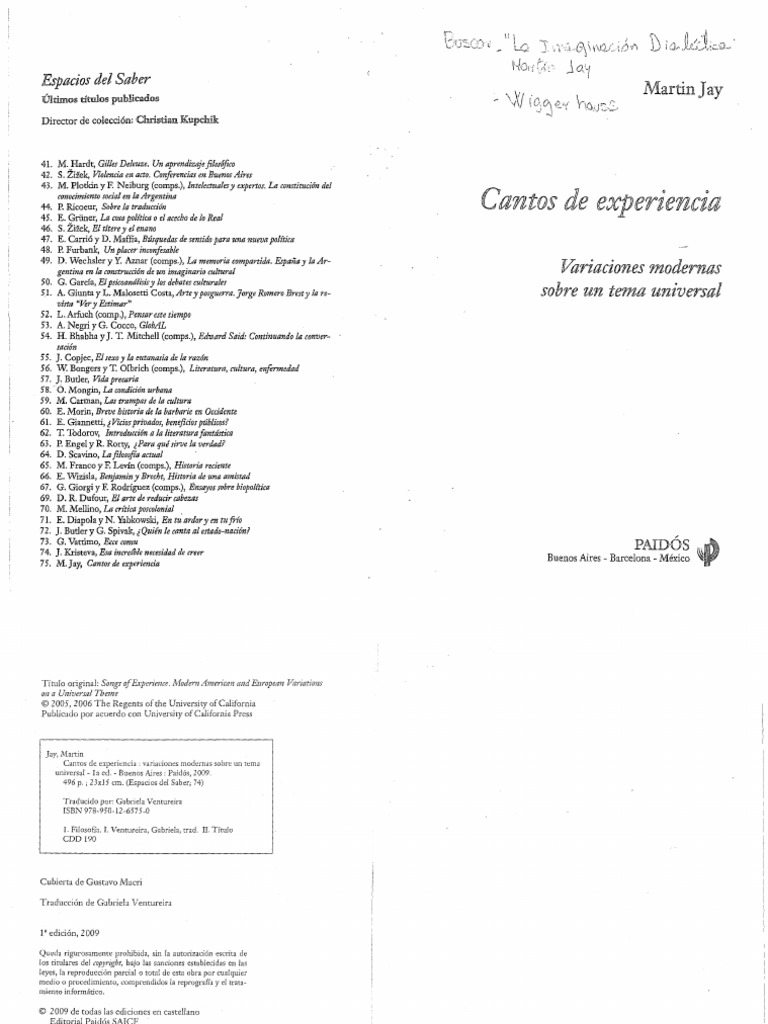 Martin Jay. Cantos de Experiencia PDF Platón Razón