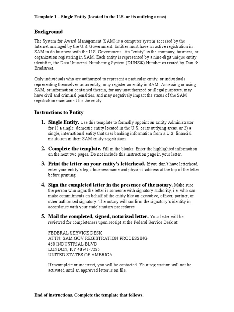 SAM Entity Administrator Letter Template1 Single Entity PDF Notary