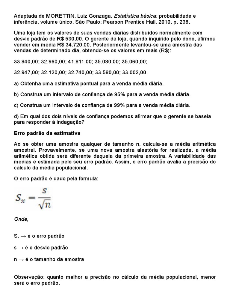 Cálculo do Erro Padrão e Intervalos de Confiança | PDF | Desvio padrão ...