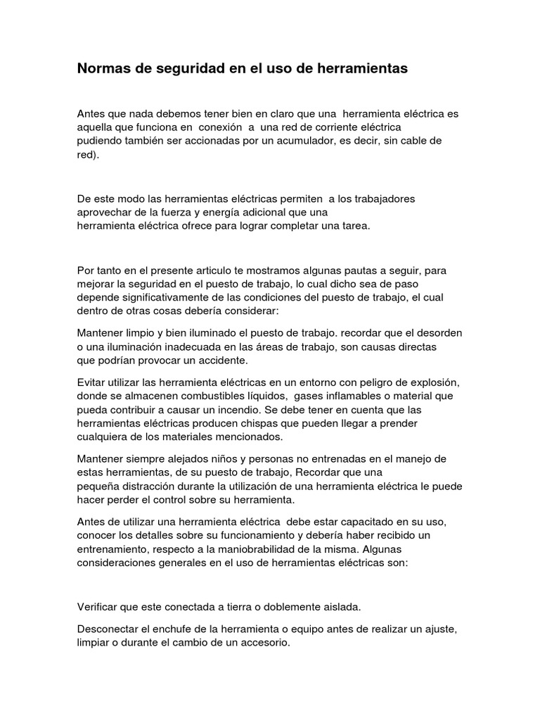 Seguridad en el uso de herramientas eléctricas | PDF | Herramientas ...