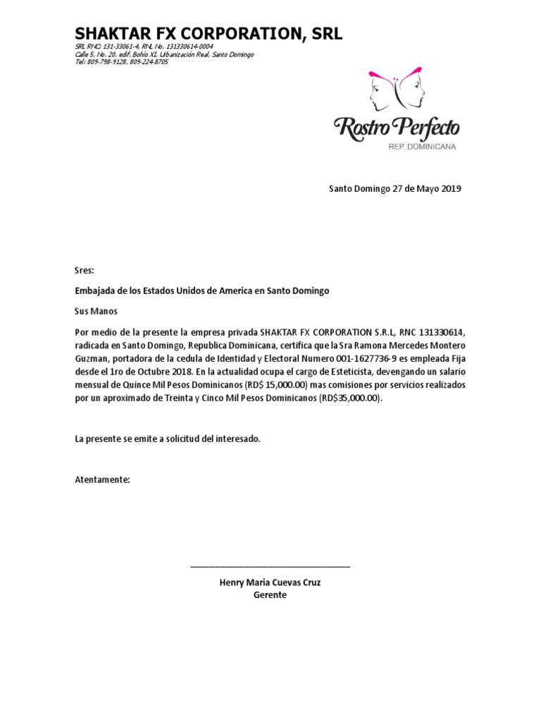 Carta Modelo De Solicitud De Visa Para Ramona Pdf