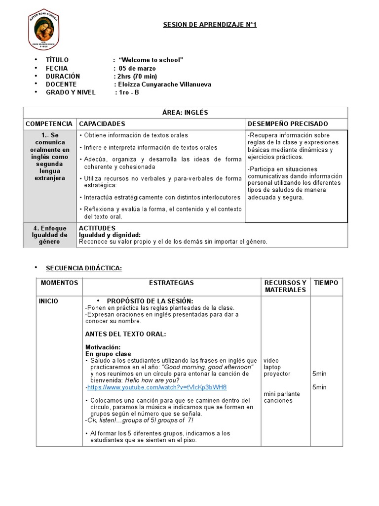 Sesión de Inglés para 1er Grado: Bienvenida | PDF | Idioma en Inglés ...