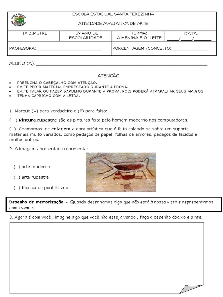 Atividade Avaliativa de Arte - 5º Ano | PDF | Pinturas | Artes (geral)