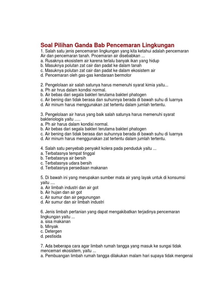 Soal Pilihan Ganda Bab Pencemaran Lingkungan