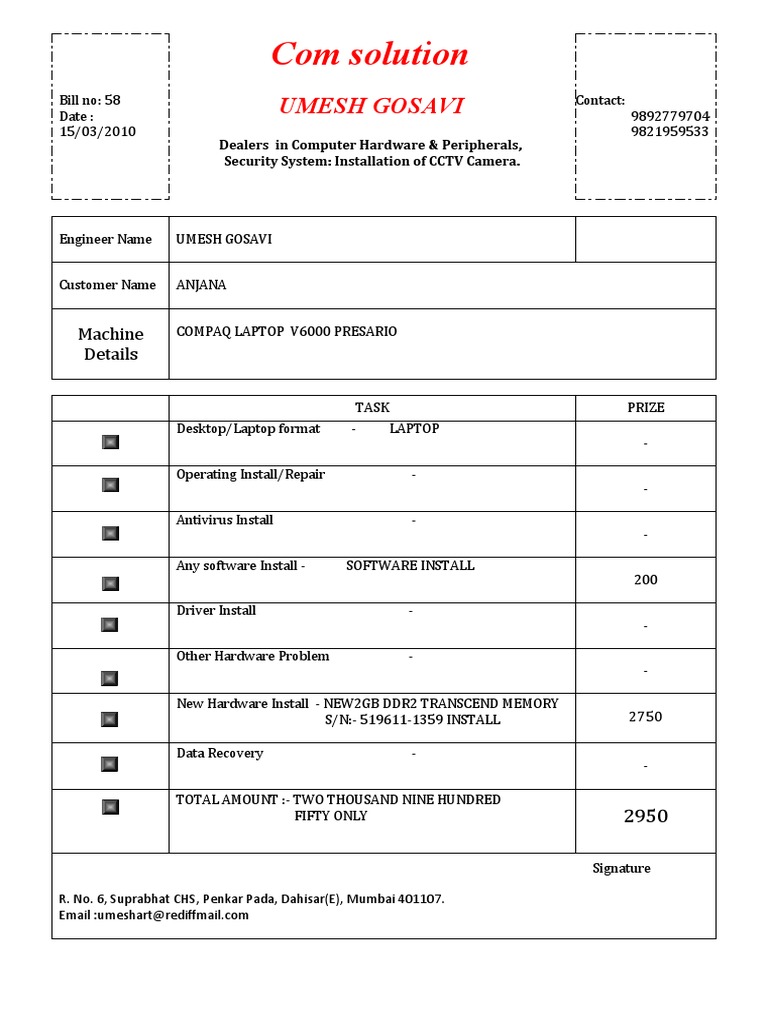 Computer Repair Invoice for Laptop Services | PDF