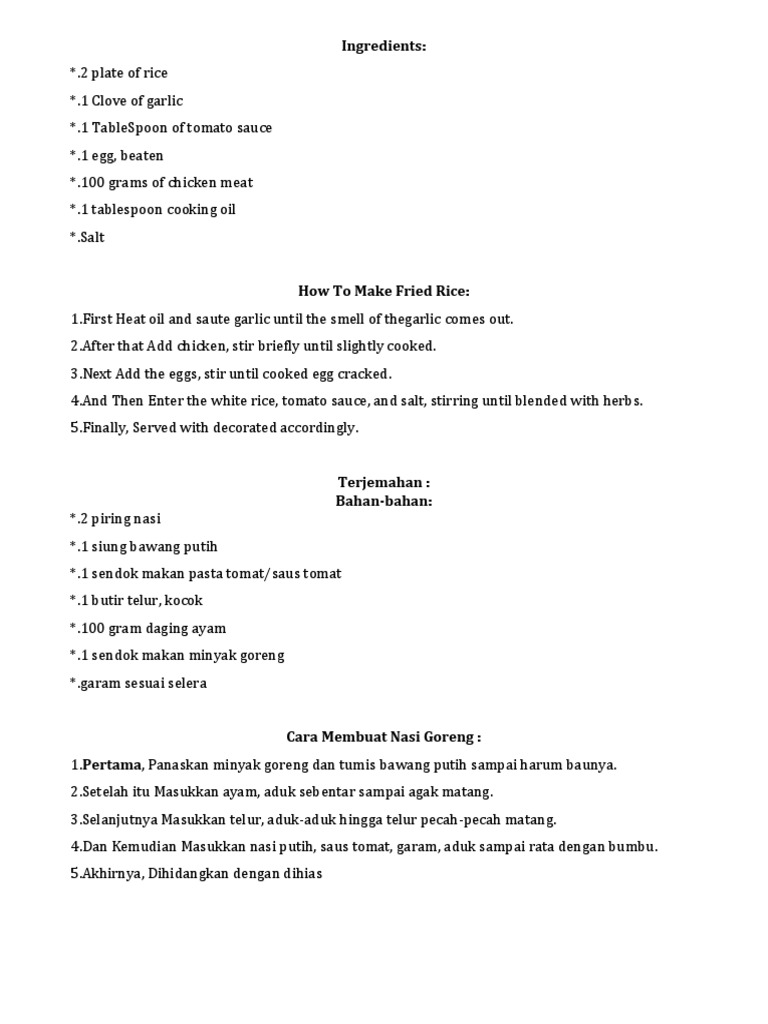 Cara Memasak Nasi Dalam Bahasa Inggris Docx Garlic Cuisine