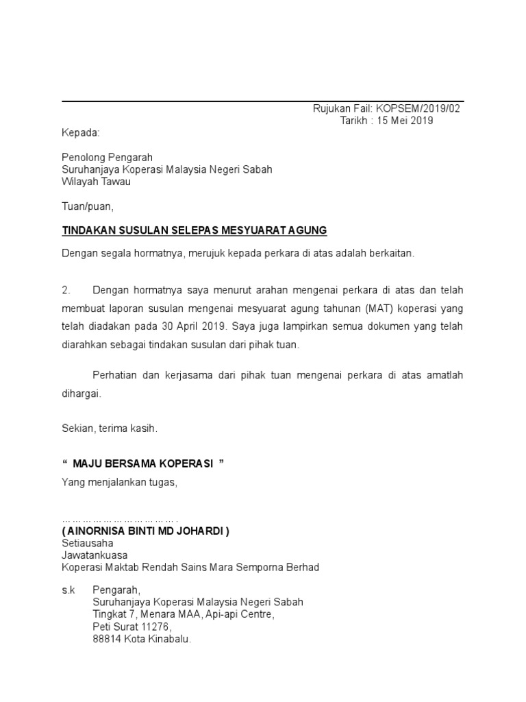Surat Tindakan Susulan Mesyuarat Koop 2019 Pdf