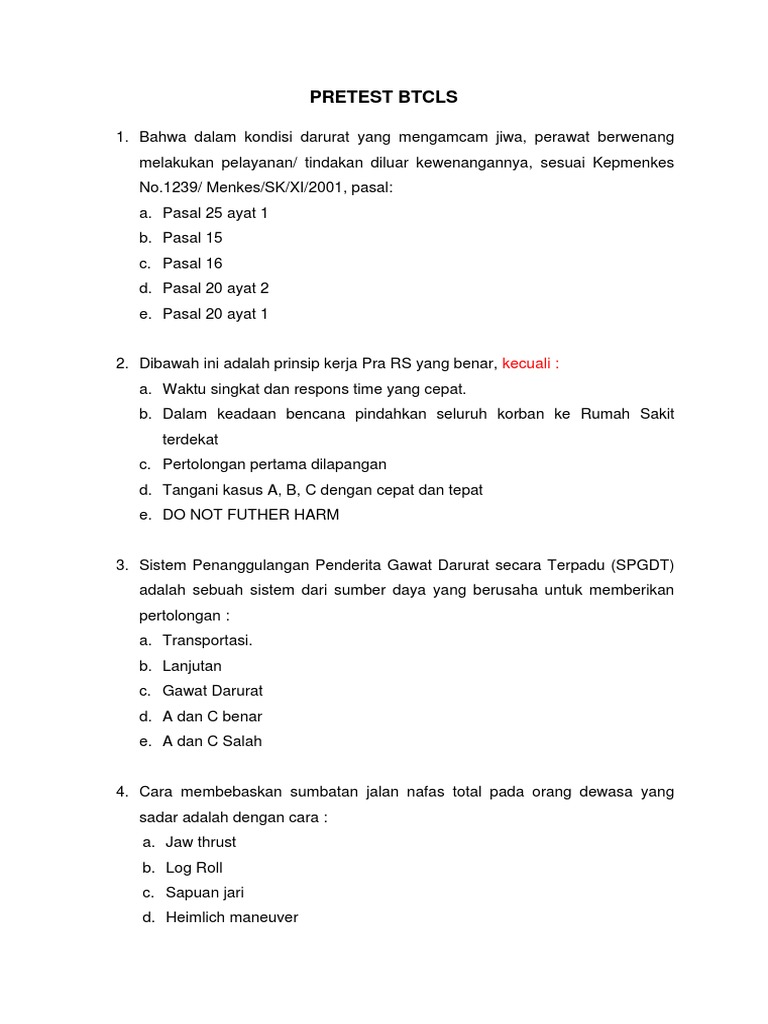 Soal Pretest BTCLS dan GCS Pasien Cedera | PDF