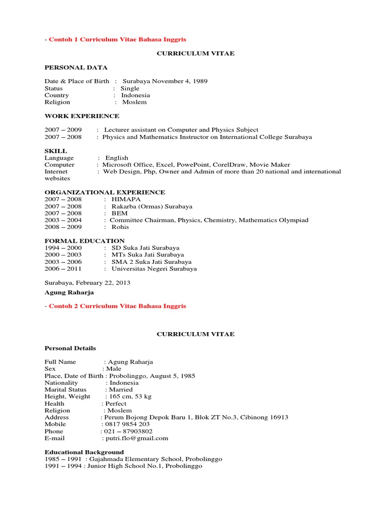 Contoh 1 Curriculum Vitae Bahasa Inggris | Download Free PDF | Invoice