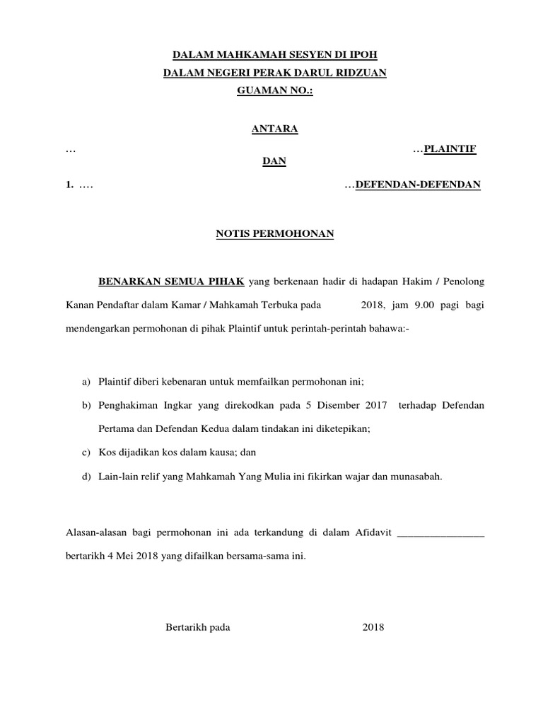 Notis Permohonan Ketepi Jid Contoh Pdf