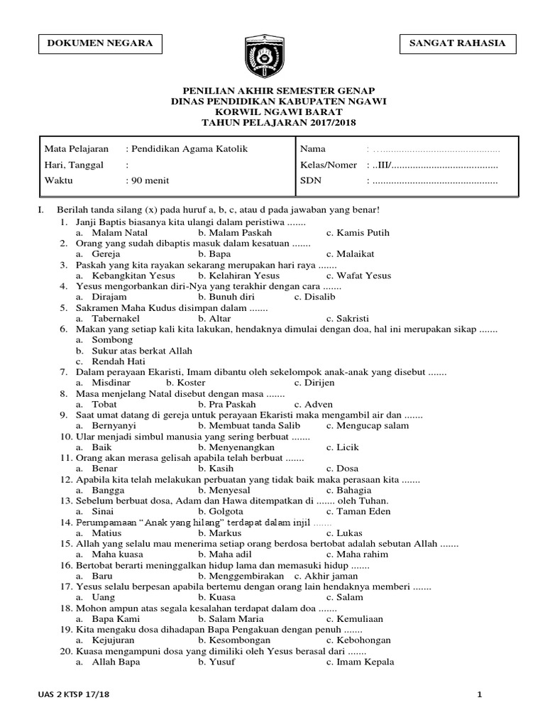 Contoh Soal Ukk Agama Katolik Kls 7