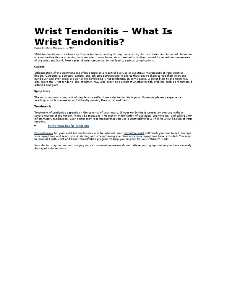 Wrist Tendonitis What Is Wrist Tendonitis? Causes PDF
