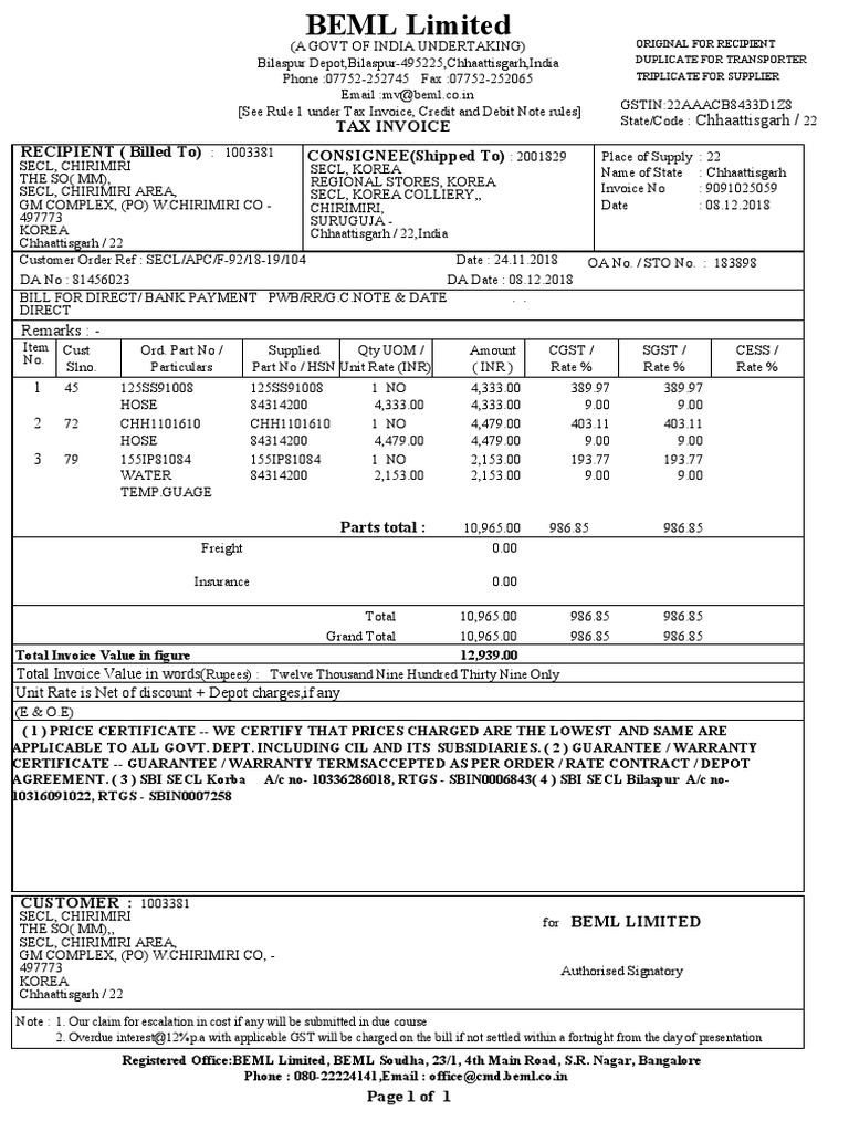 Tax Invoice RECIPIENT (Billed To) CONSIGNEE (Shipped To) Chhaattisgarh ...