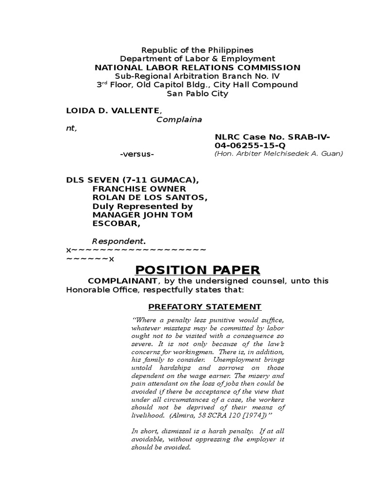Position Paper (Illegal Dismissal) PDF Employment Labour Law