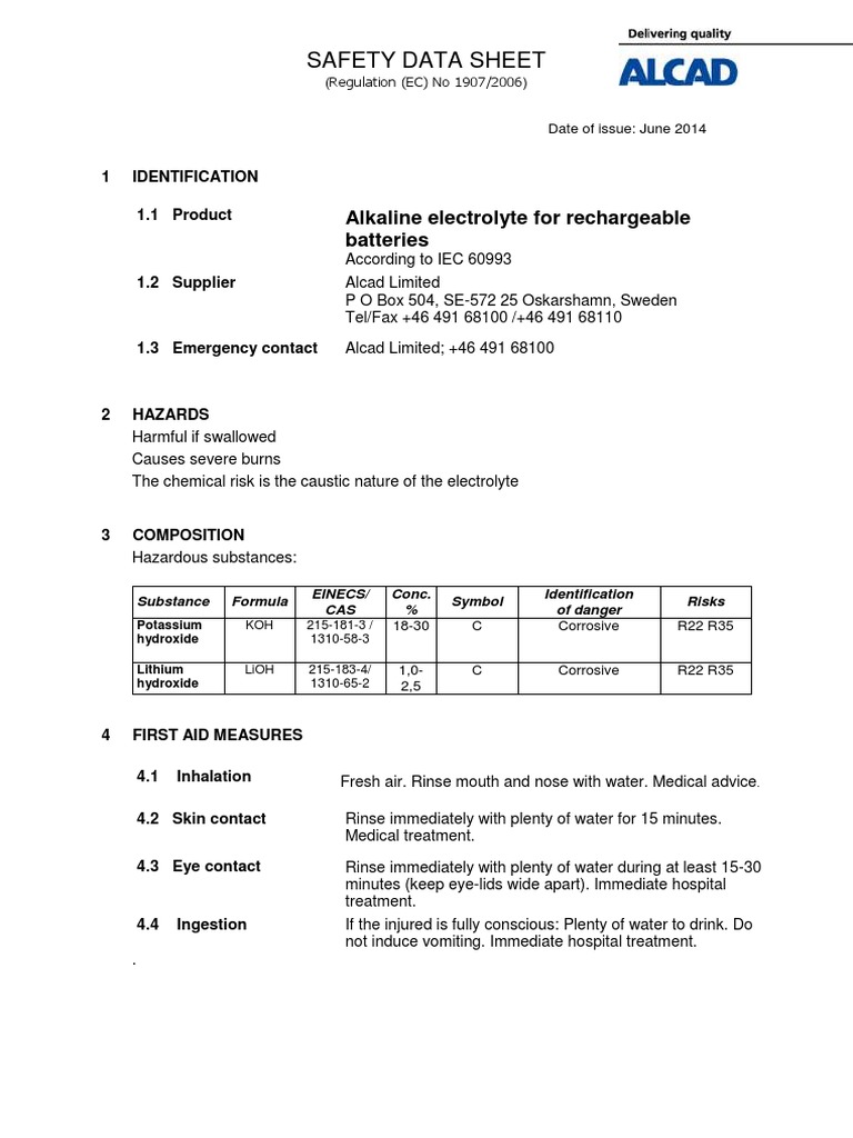 SDS Electrolyte Alcad PDF PDF Hydroxide Electrolyte