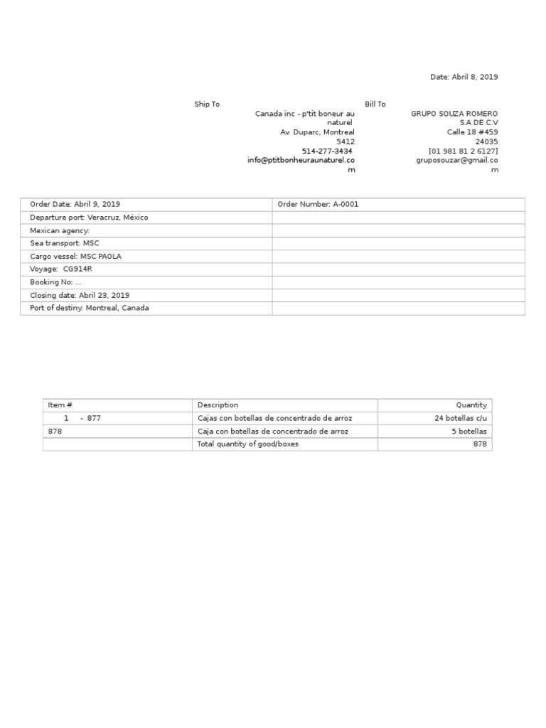 Order A-0001: Rice Concentrate Shipment | PDF