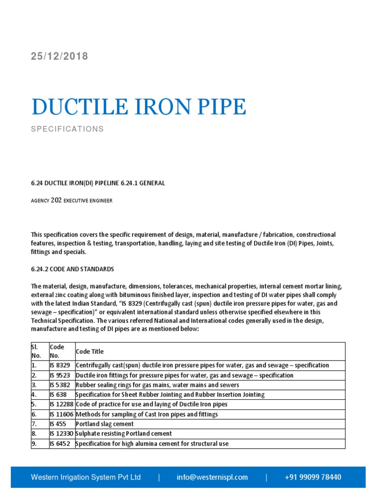 Ductile Iron Pipe Specifications IS 8329 | PDF | Pipe (Fluid Conveyance ...