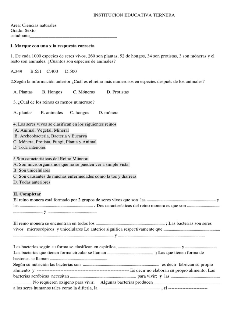 Evaluación del Reino Monera para Sexto | PDF | Hongo | Las bacterias