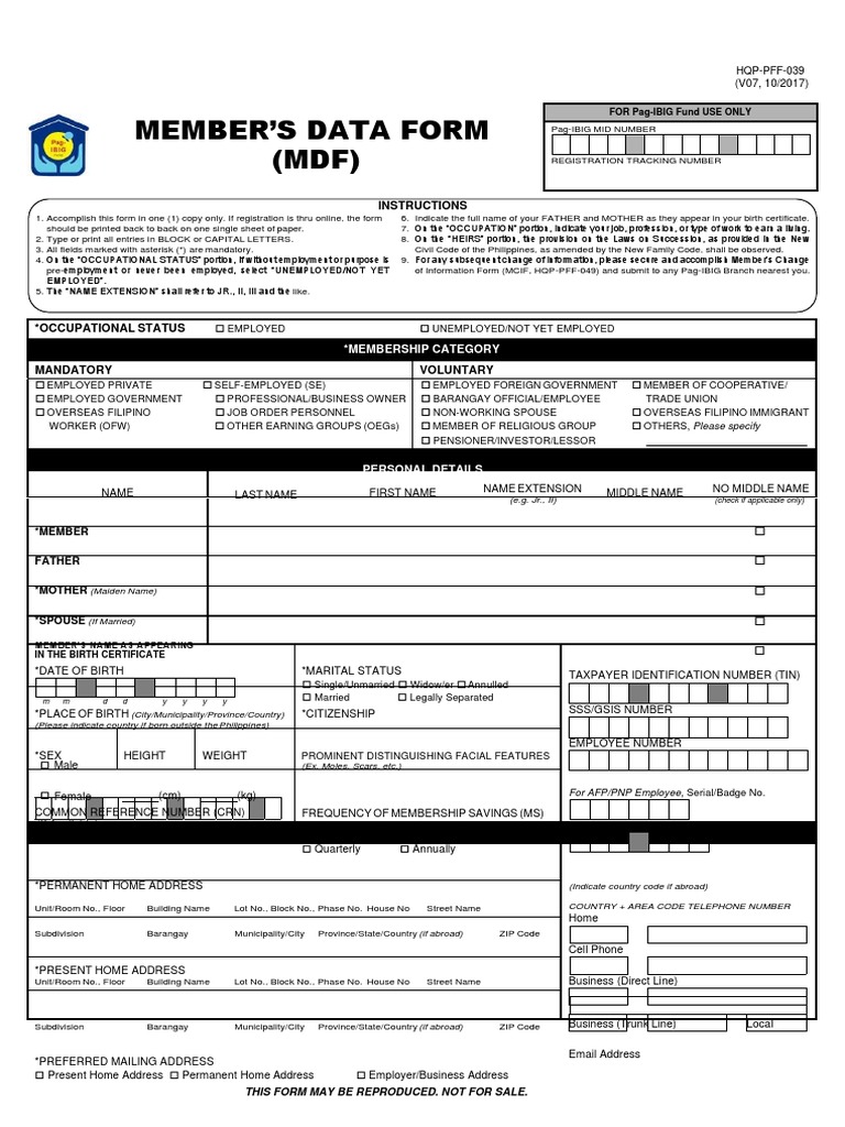 Member'S Data Form (MDF) : Instructions | PDF | Employment | Social ...