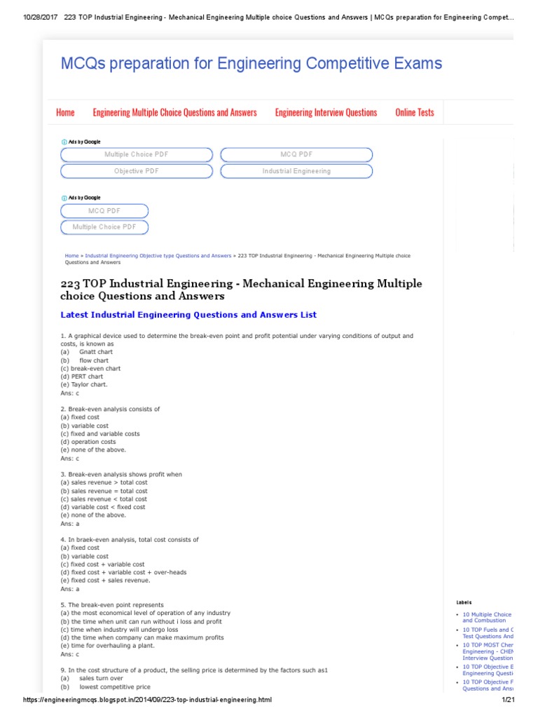 223 Top Industrial Engineering Question and Answers PDF Multiple