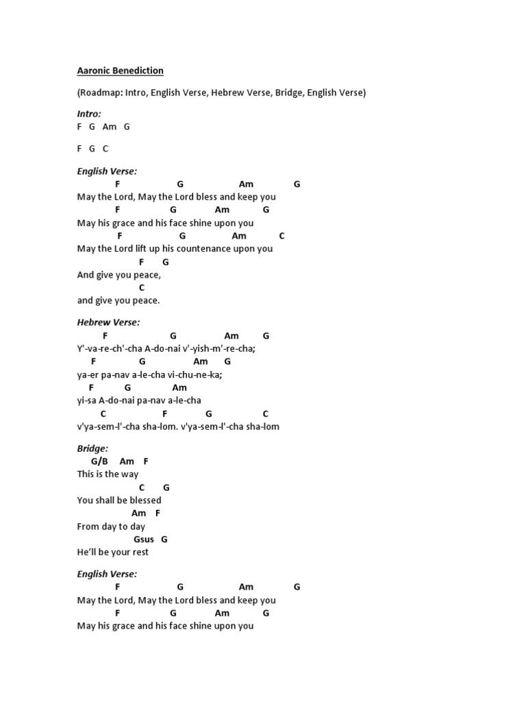 ronic Benediction Chord Chart Shabbat Prayers Worship