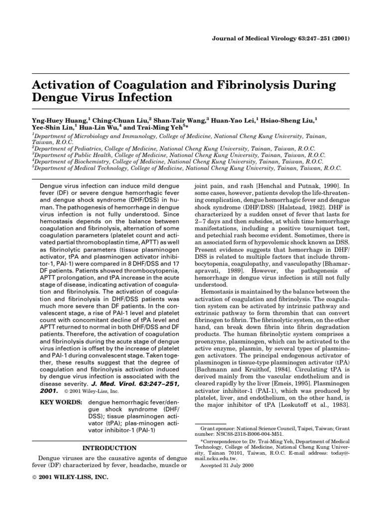 Activation of Coagulation and Fibrinloysis During Dengue Virus ...