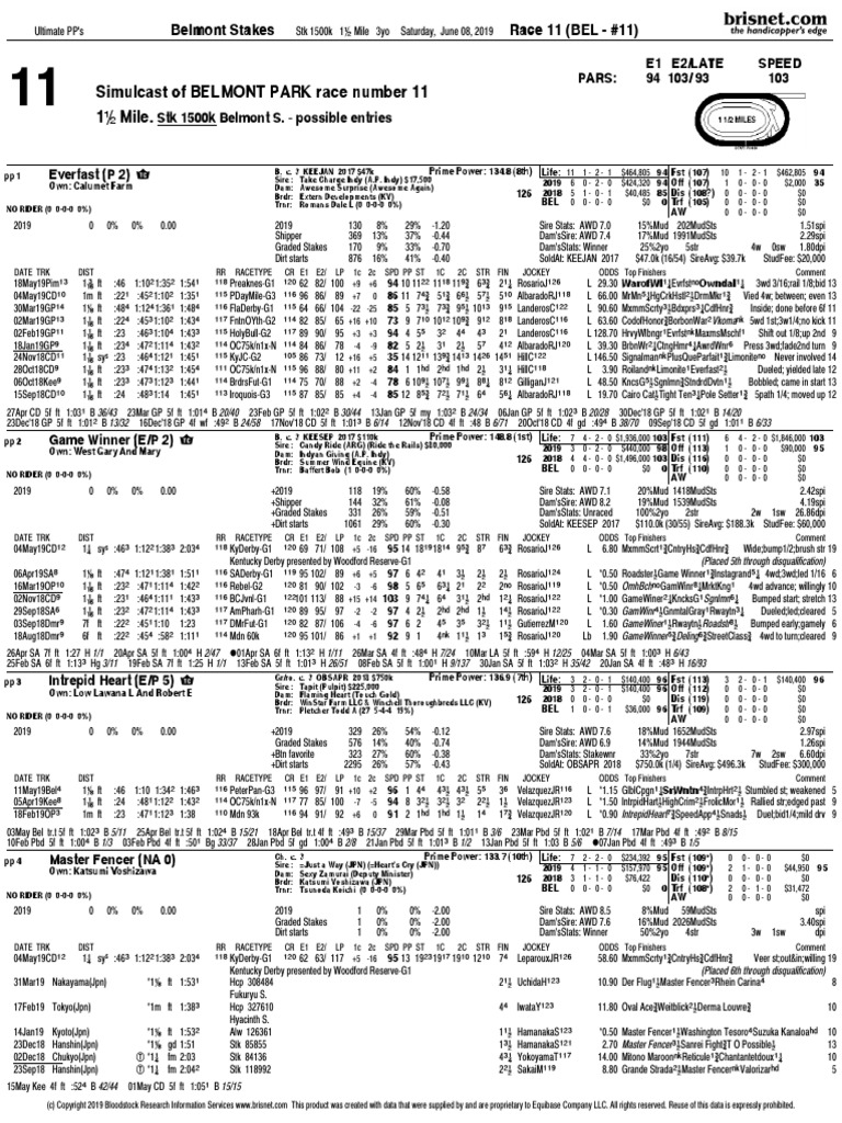 Free 2019 Belmont Stakes Past Performances PDF Thoroughbred Horses