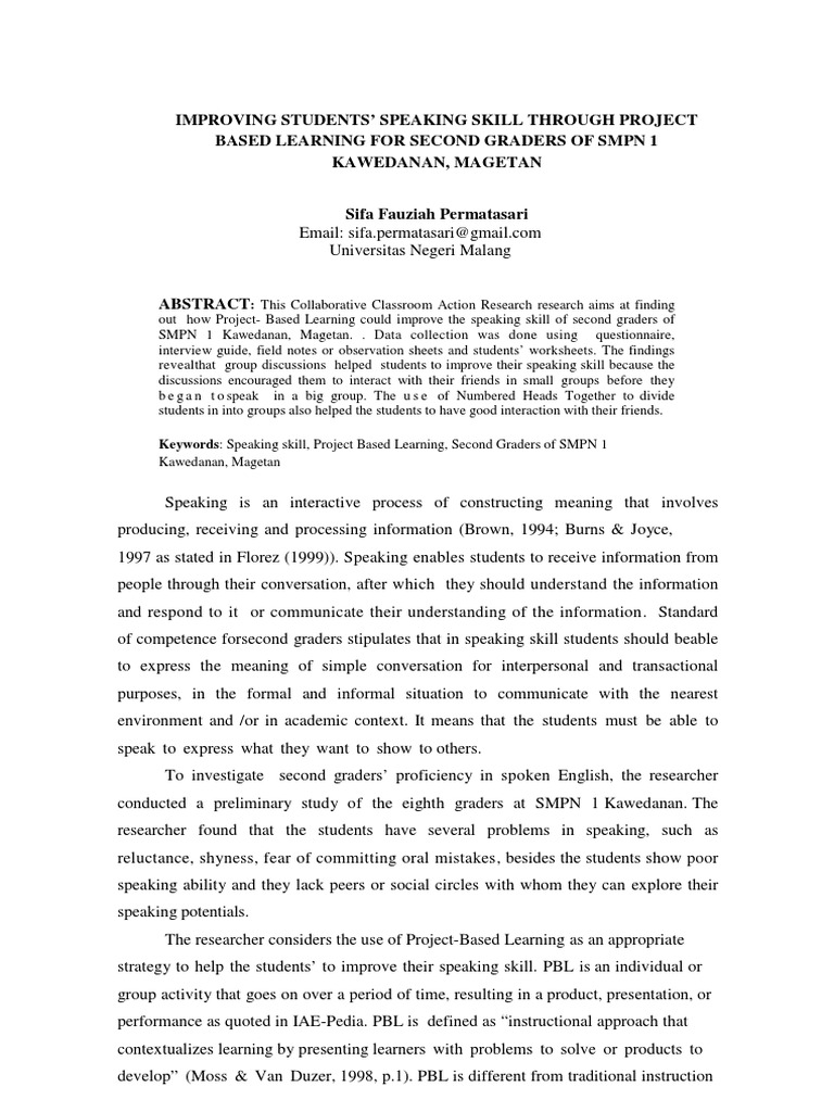 Enhancing Speaking Skills via PBL for 2nd Graders | PDF | Project Based ...