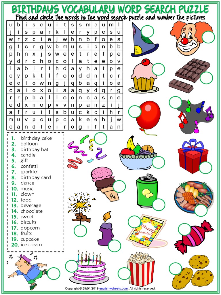 Birthdays Vocabulary Esl Word Search Puzzle Worksheet For Kids | PDF