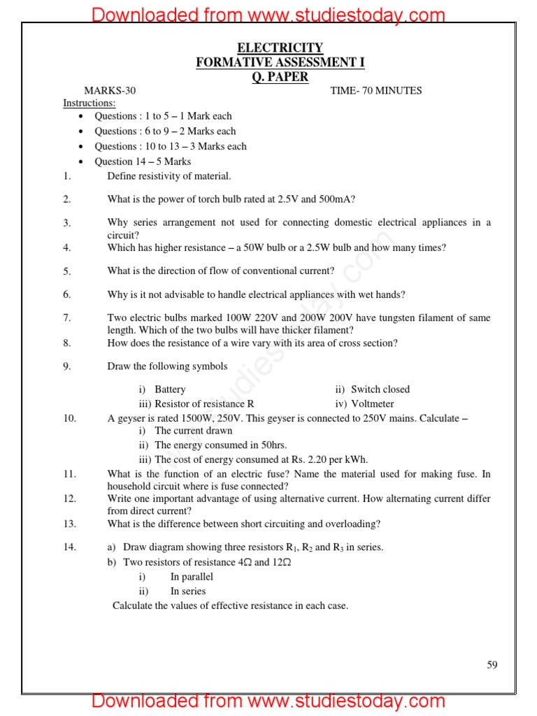Electricity Questions PDF Electric Current Series And Parallel Circuits