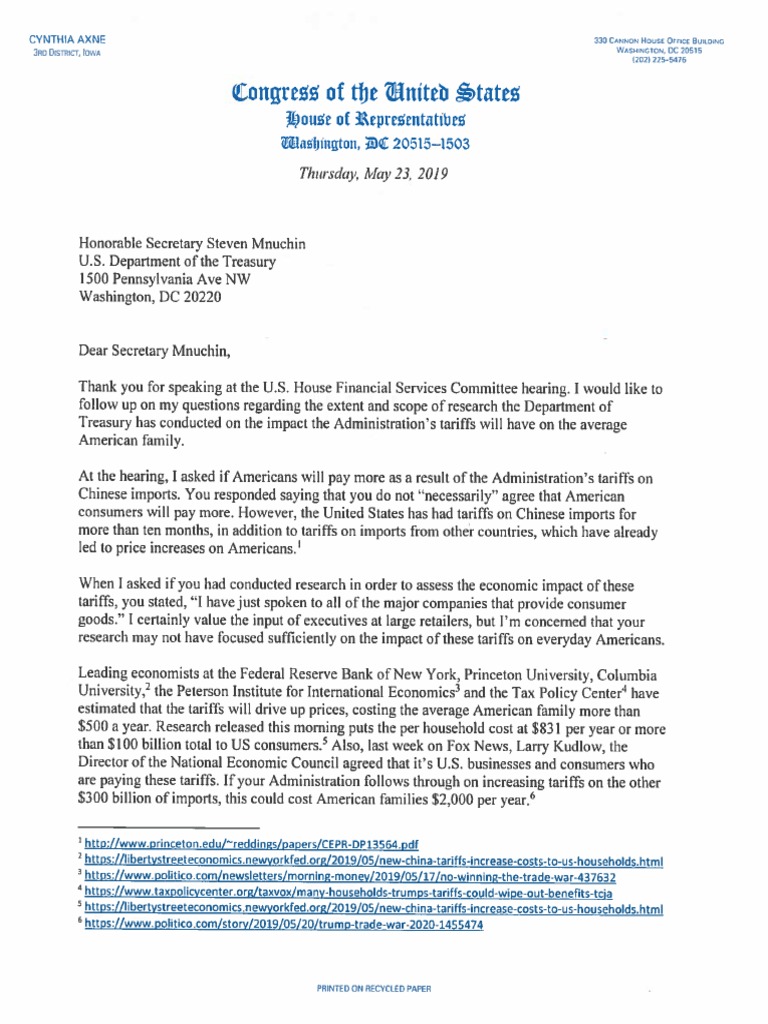 Mnuchin Letter Re Tariff Costs | PDF