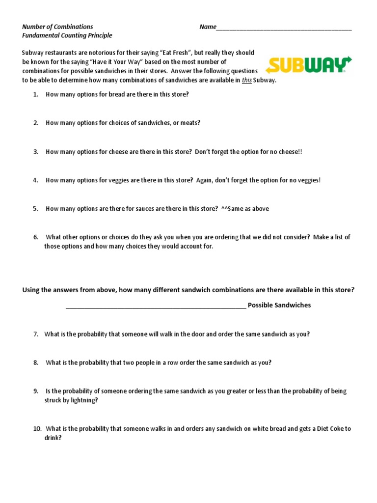 Subway Combinations Probability PDF
