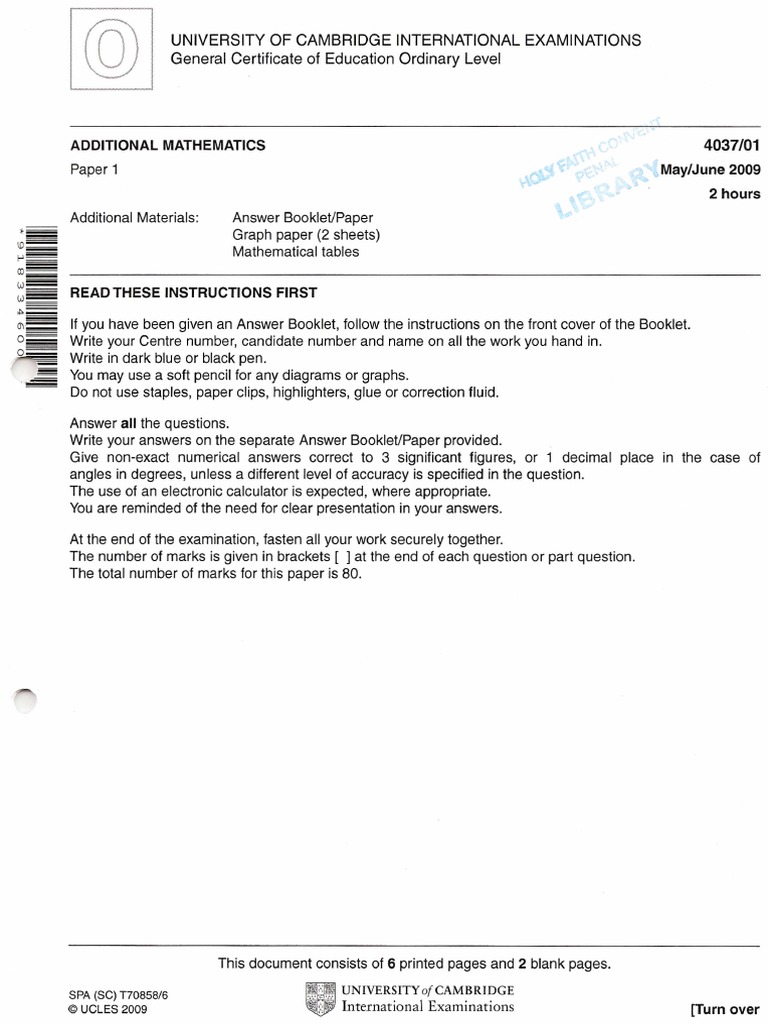 Add Maths 2009 P1 | PDF | Line (Geometry) | Speed
