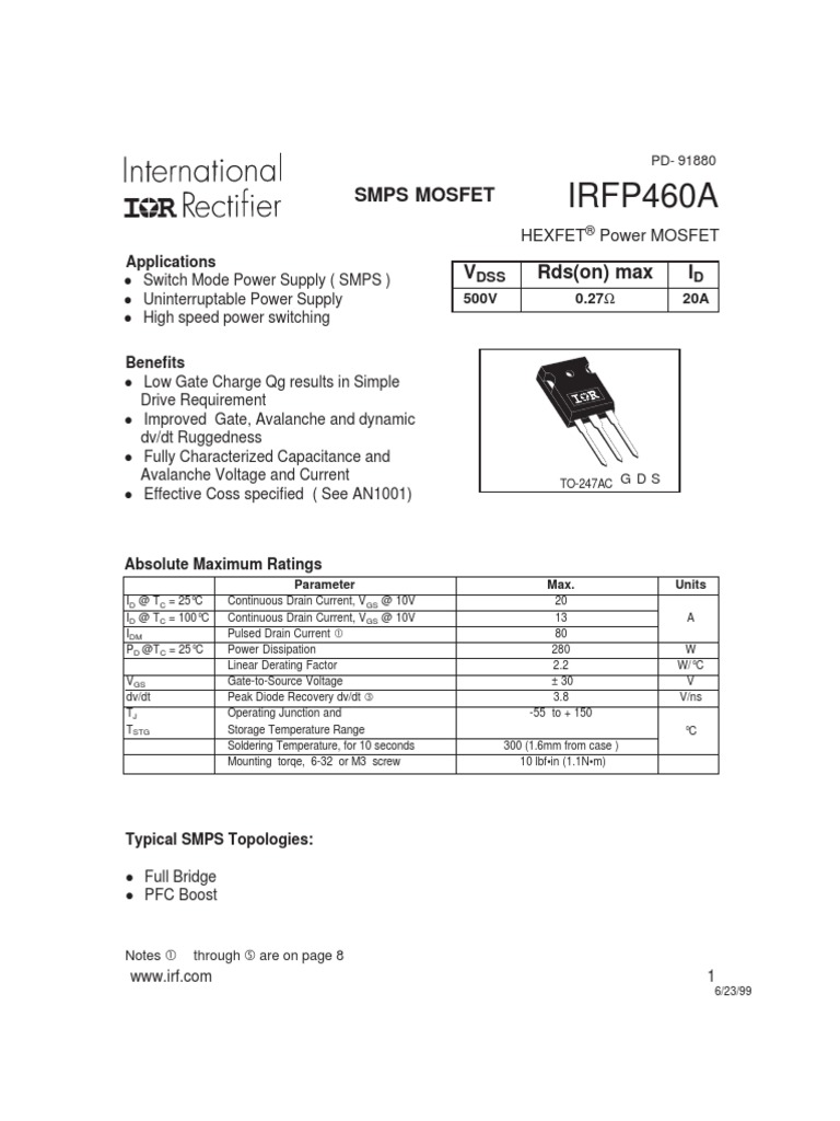 Irfp460a PDF | PDF | Field Effect Transistor | Diode